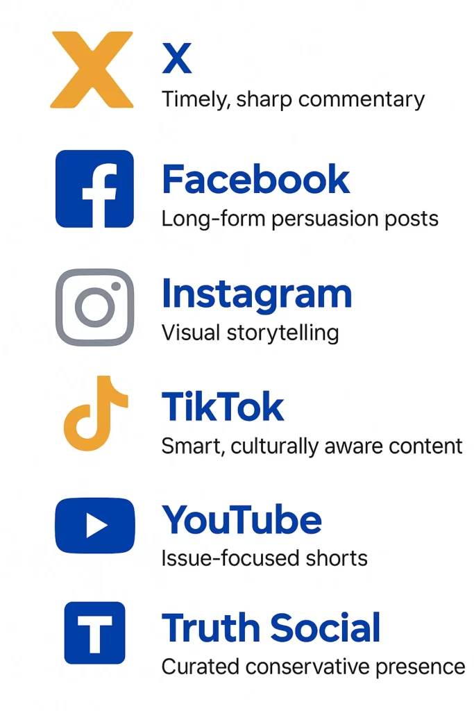 An infographic saying: X - Timely, sharp commentary, Facebook - Long-form persuasion posts, Instagram - Visual storytelling, TikTok - Smart, culturally aware content, YouTube - Issue-focused shorts, Truth Social - Curated conservative presence