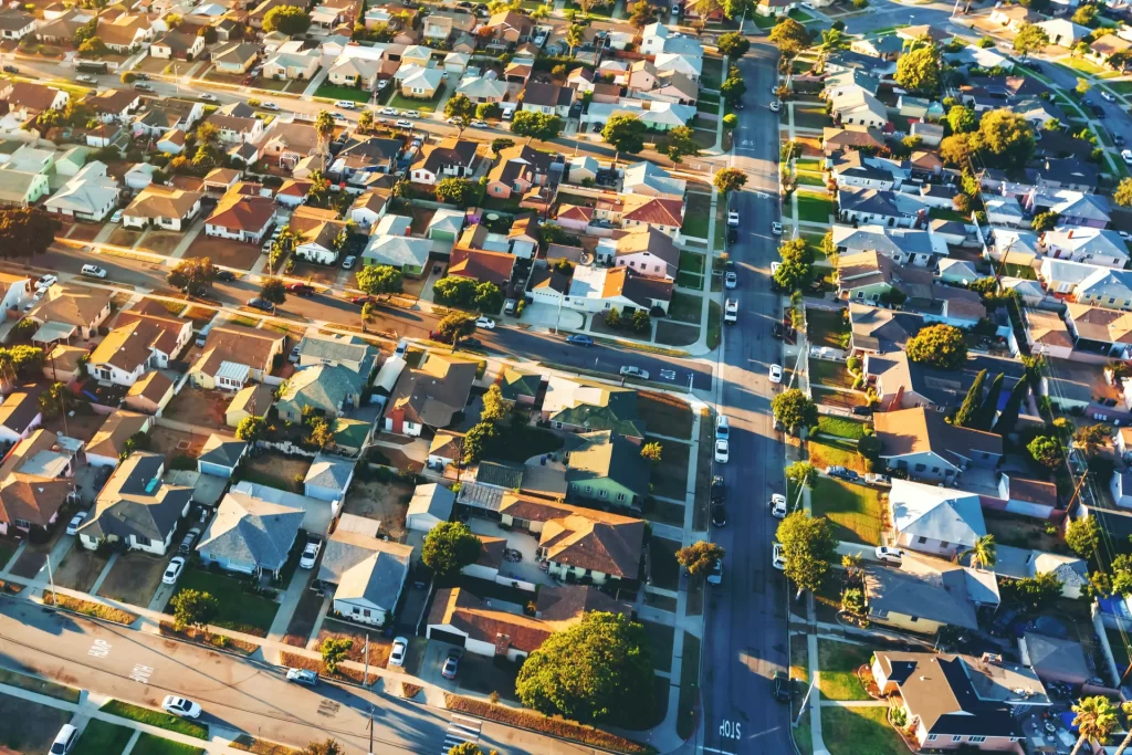 An aerial view of a suburban residential neighborhood (Los Angeles)
